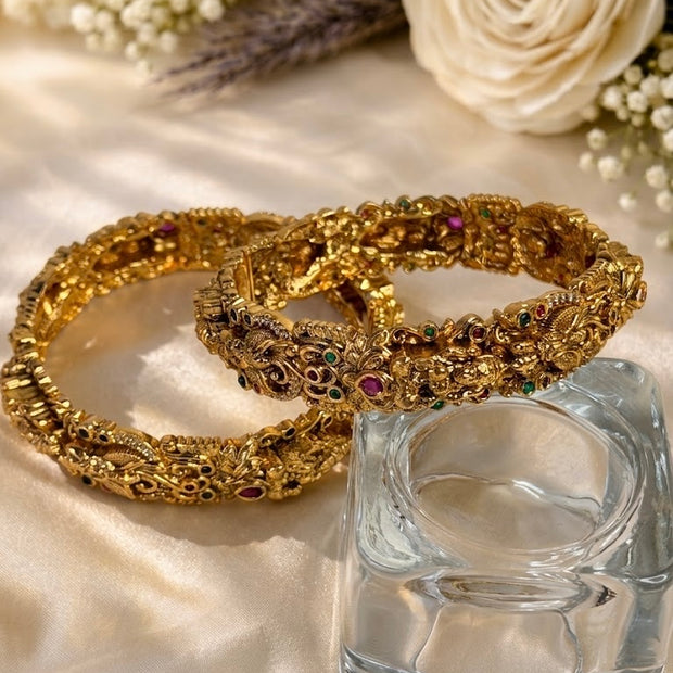 Heavy Antique Gold Temple Lakshmi Carved Bangles
