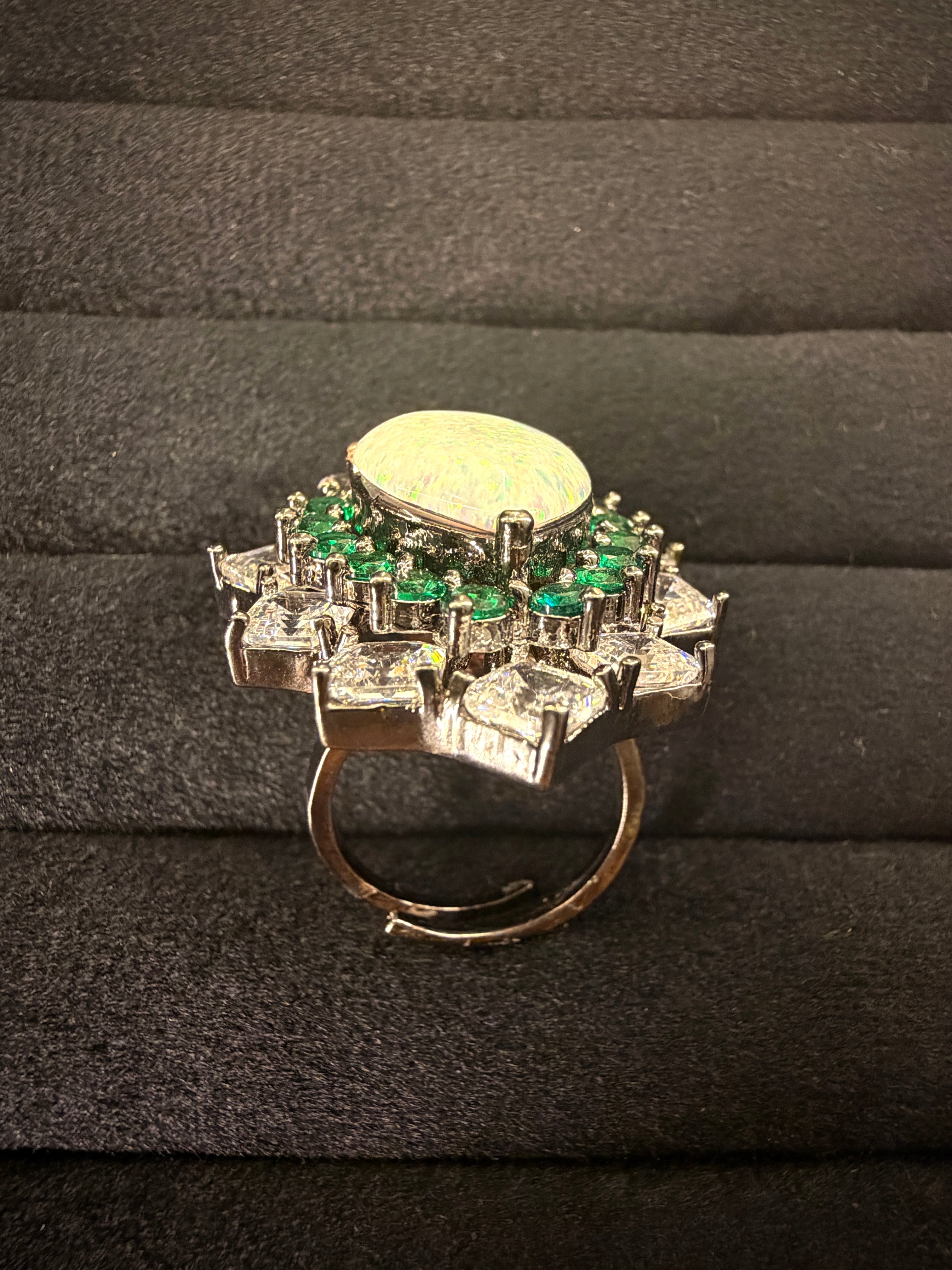 White Opal & Green Stone Halo Ring