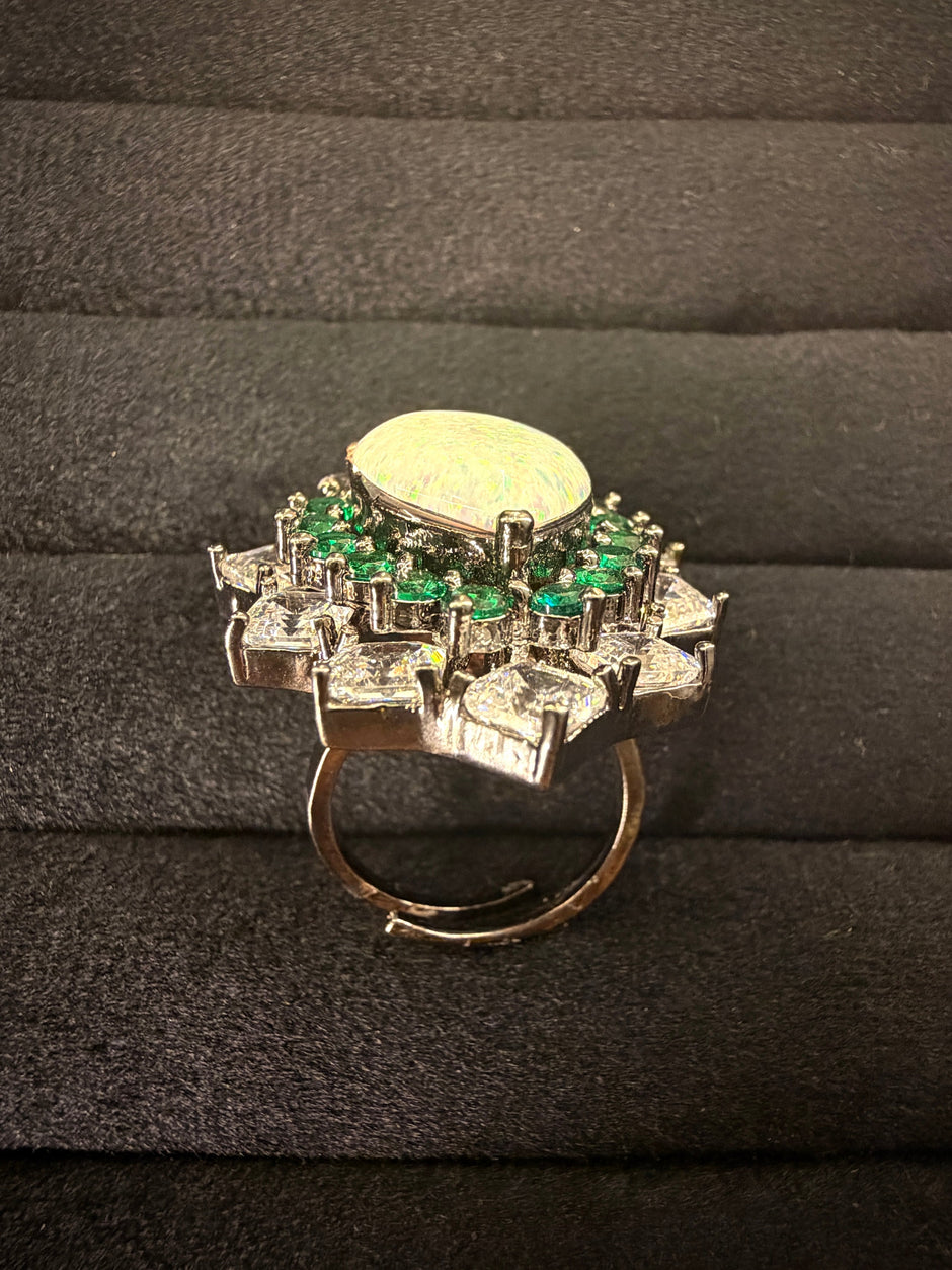 White Opal & Green Stone Halo Ring