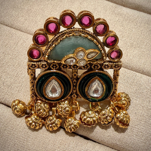 Antique Ruby Red & Green Rajwadi  Ring with Ghungroo