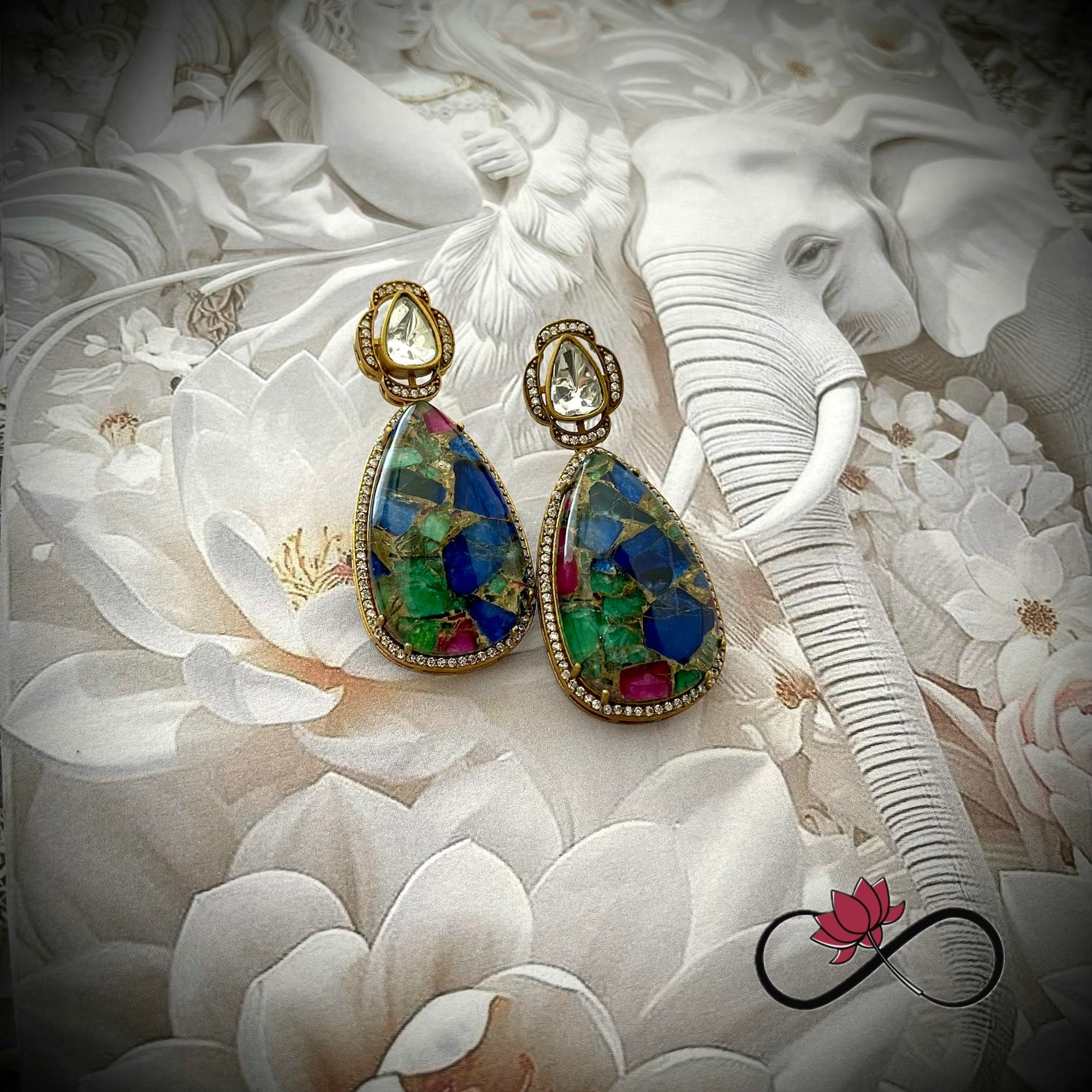 Moissanite Top Multicolor Mozaic Tear Drop Earring