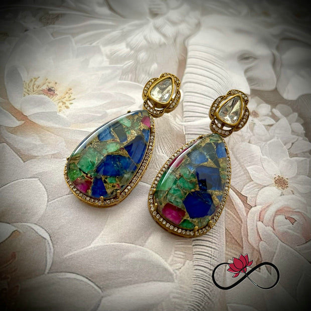 Moissanite Top Multicolor Mozaic Tear Drop Earring