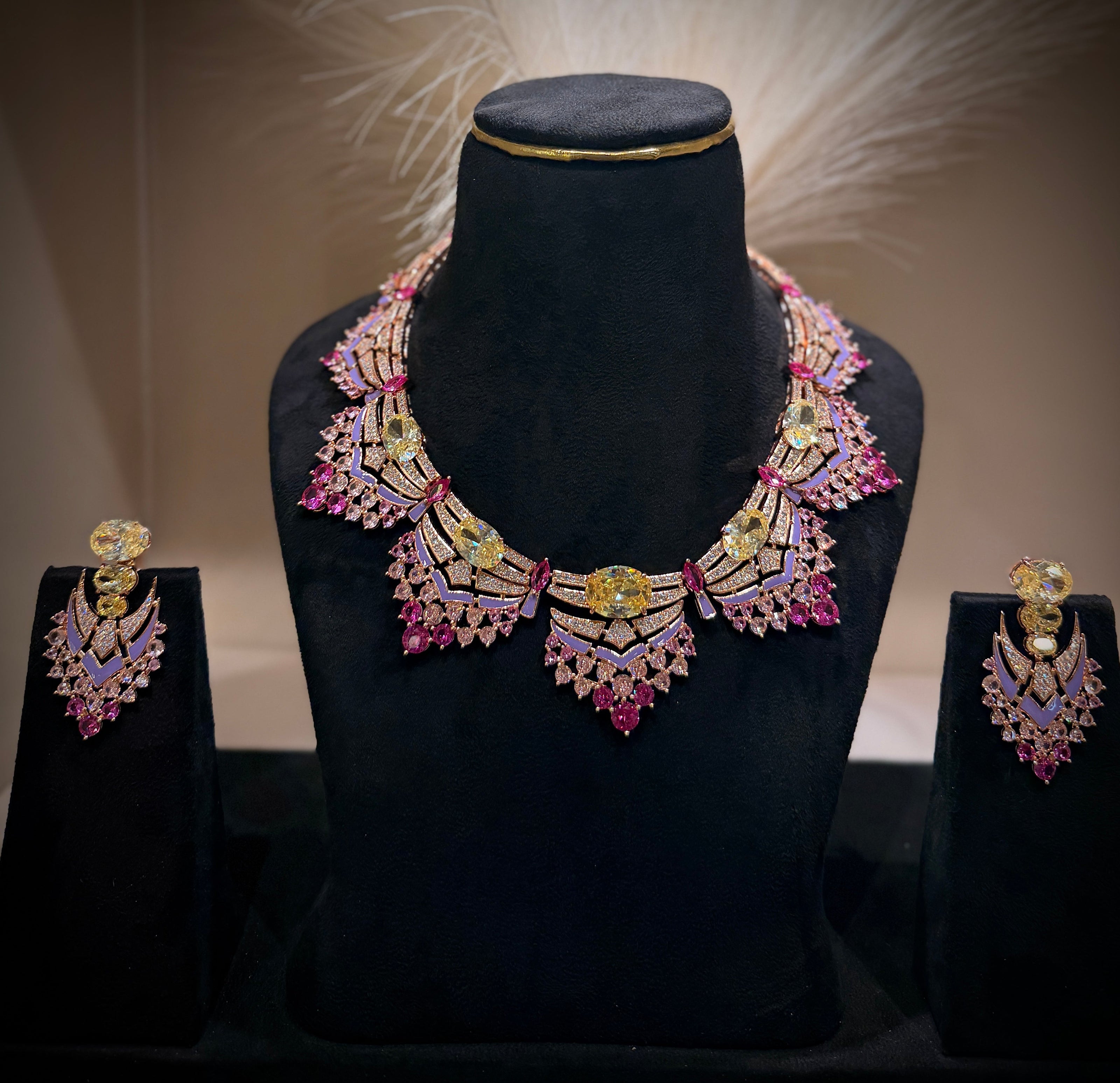 Opulent Yellow‑Pink Crystal Couture Necklace Set
