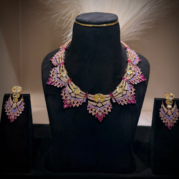 Opulent Yellow‑Pink Crystal Couture Necklace Set
