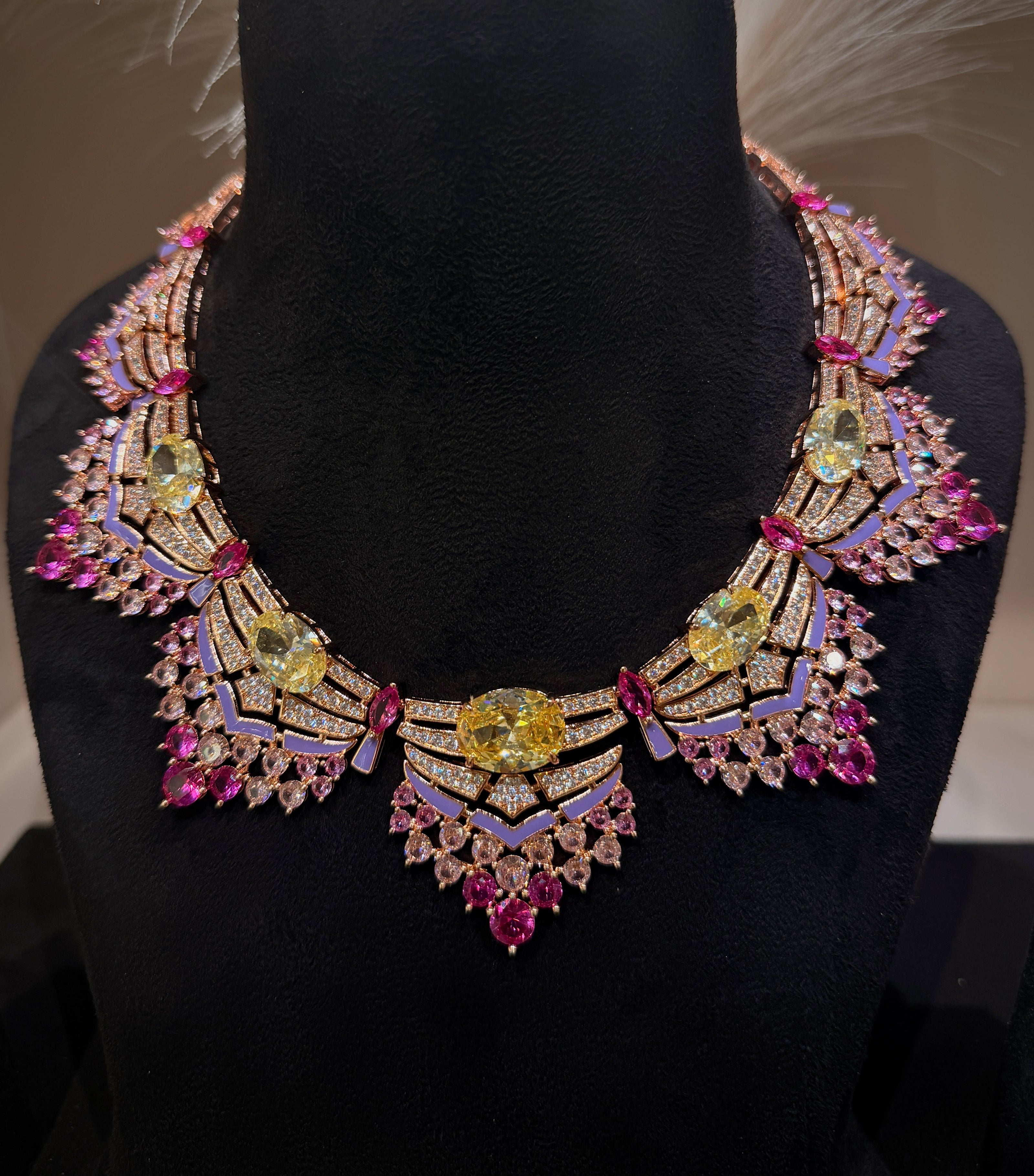 Opulent Yellow‑Pink Crystal Couture Necklace Set
