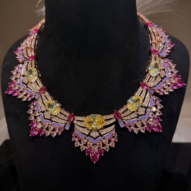Opulent Yellow‑Pink Crystal Couture Necklace Set