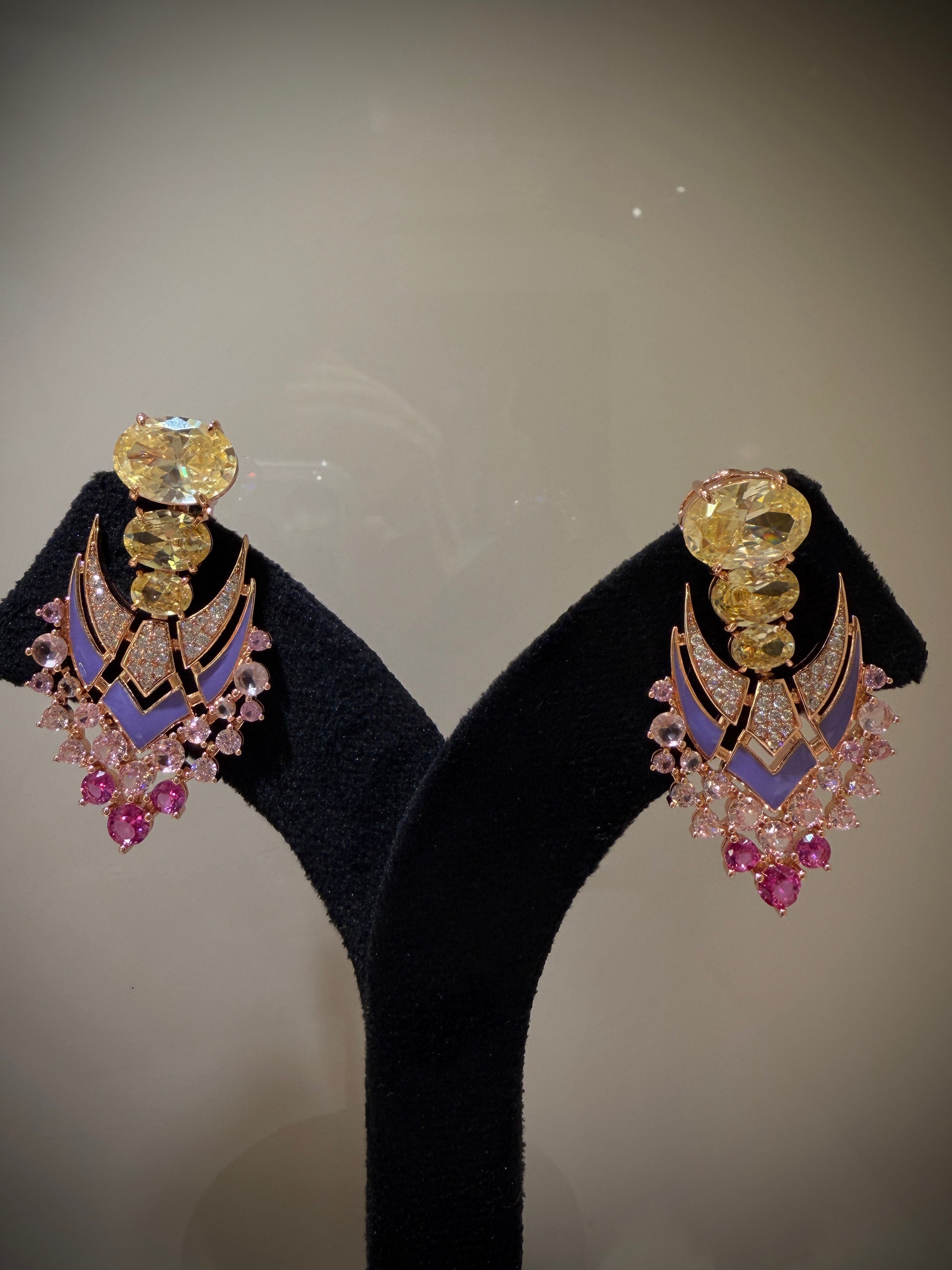 Opulent Yellow‑Pink Crystal Couture Necklace Set