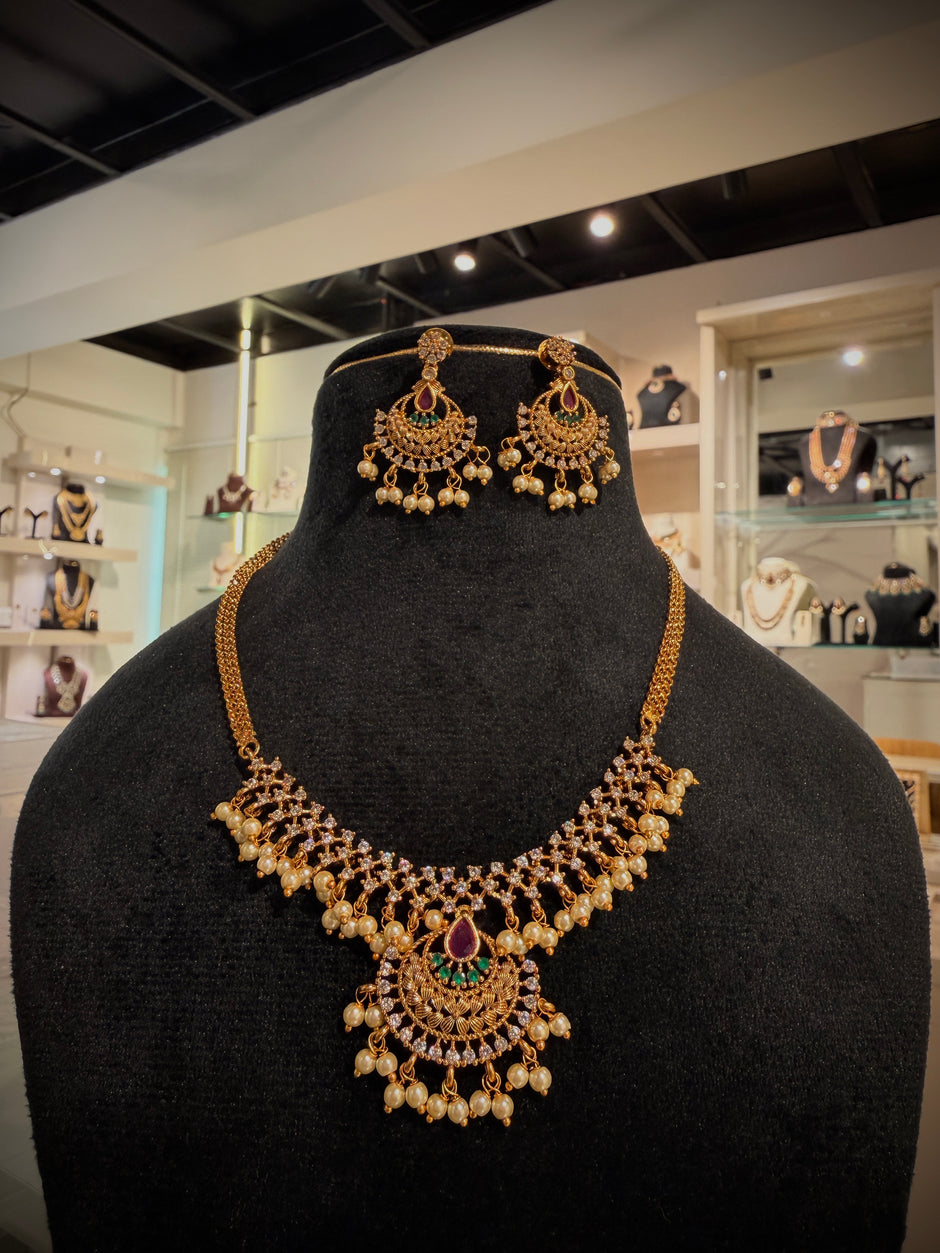 Kundan Pearldrop Crescent Necklace Set