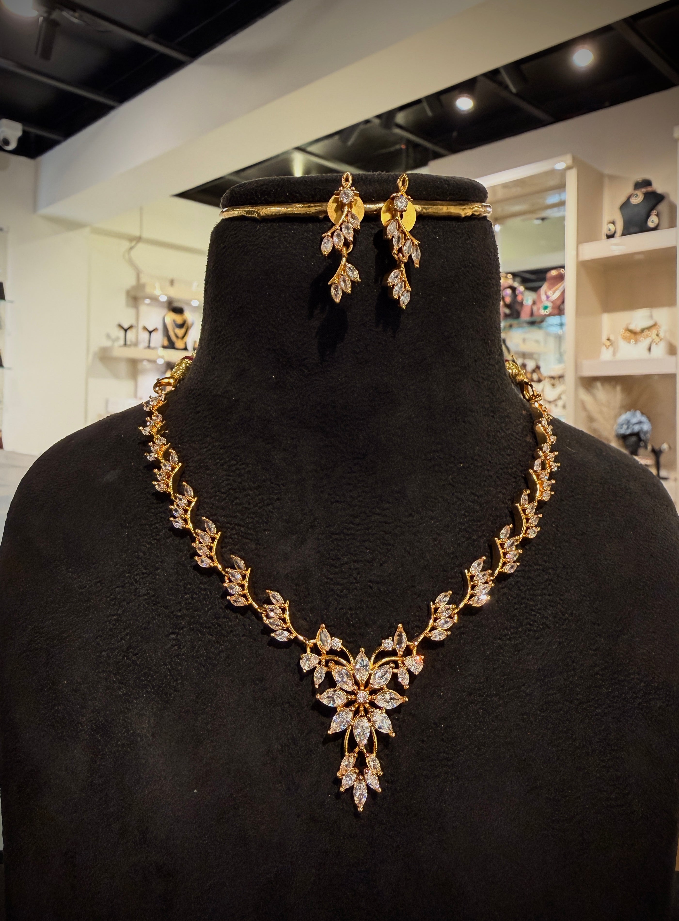 Elegant CZ Leaf Necklace Set