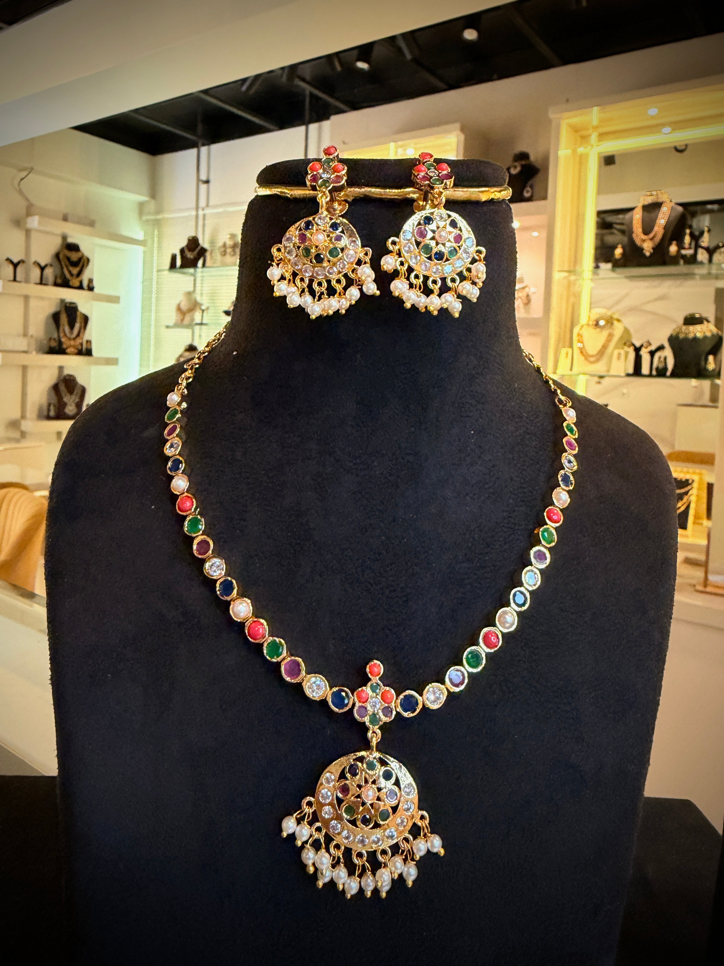 Festive Navratna Short Necklace Set
