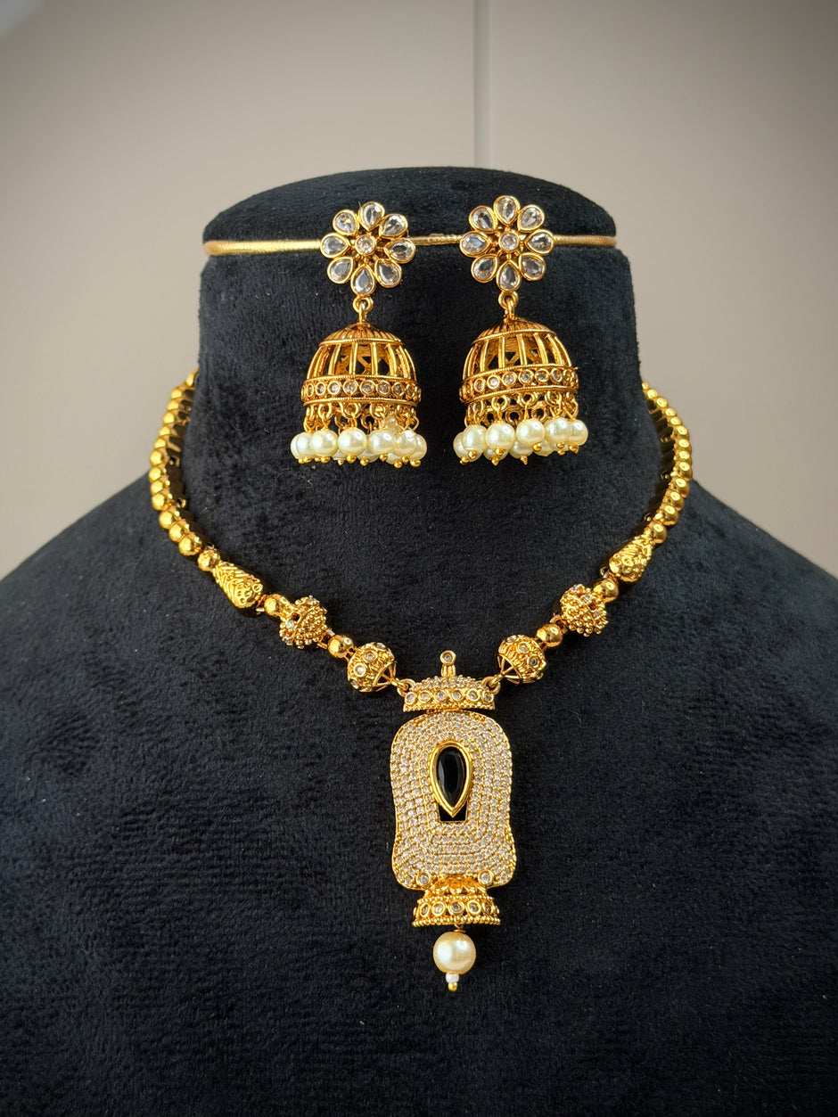 Designer Green Stone Jhumka Necklace Set