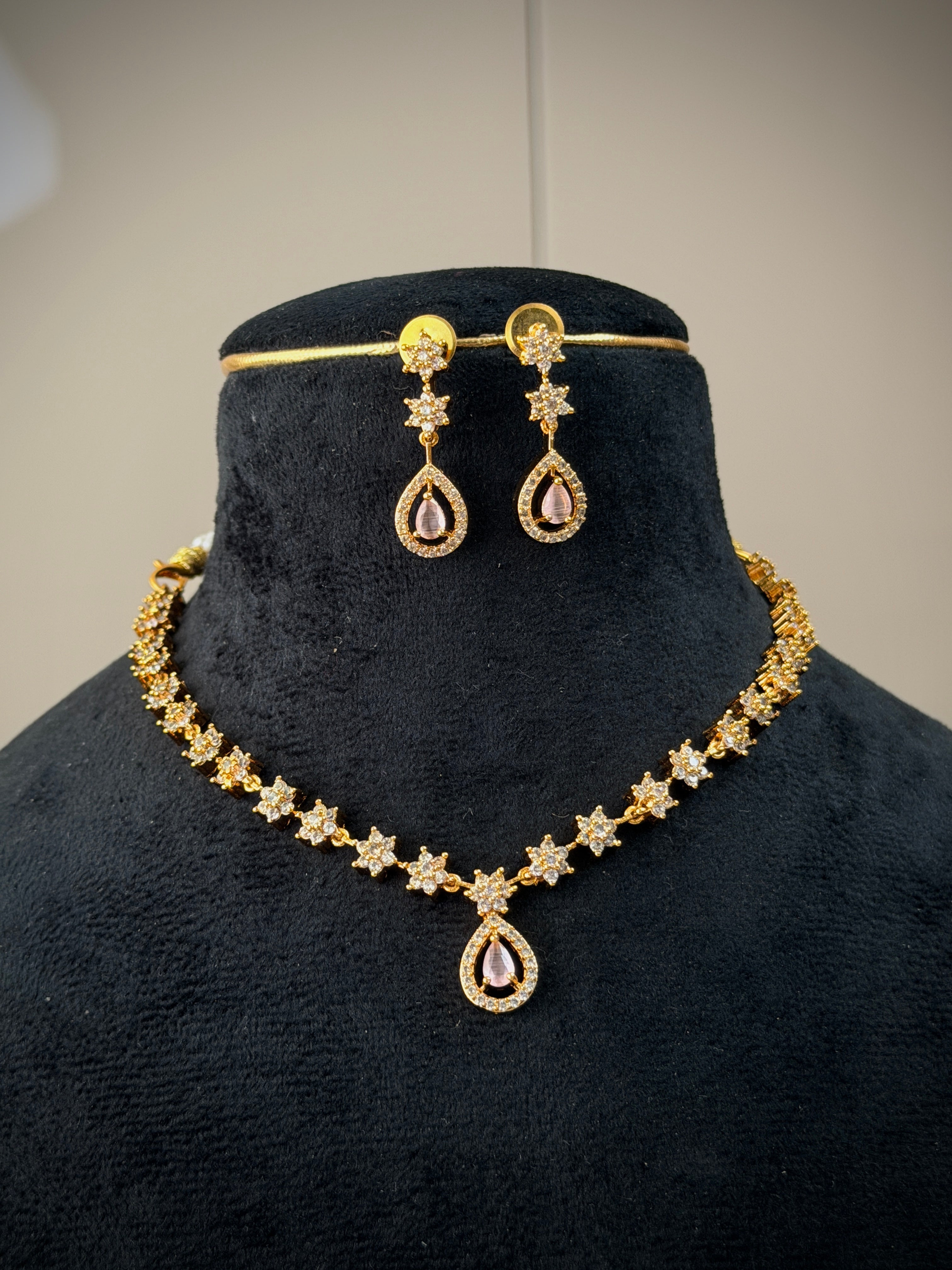 Pink CZ Star Teardrop Necklace Set