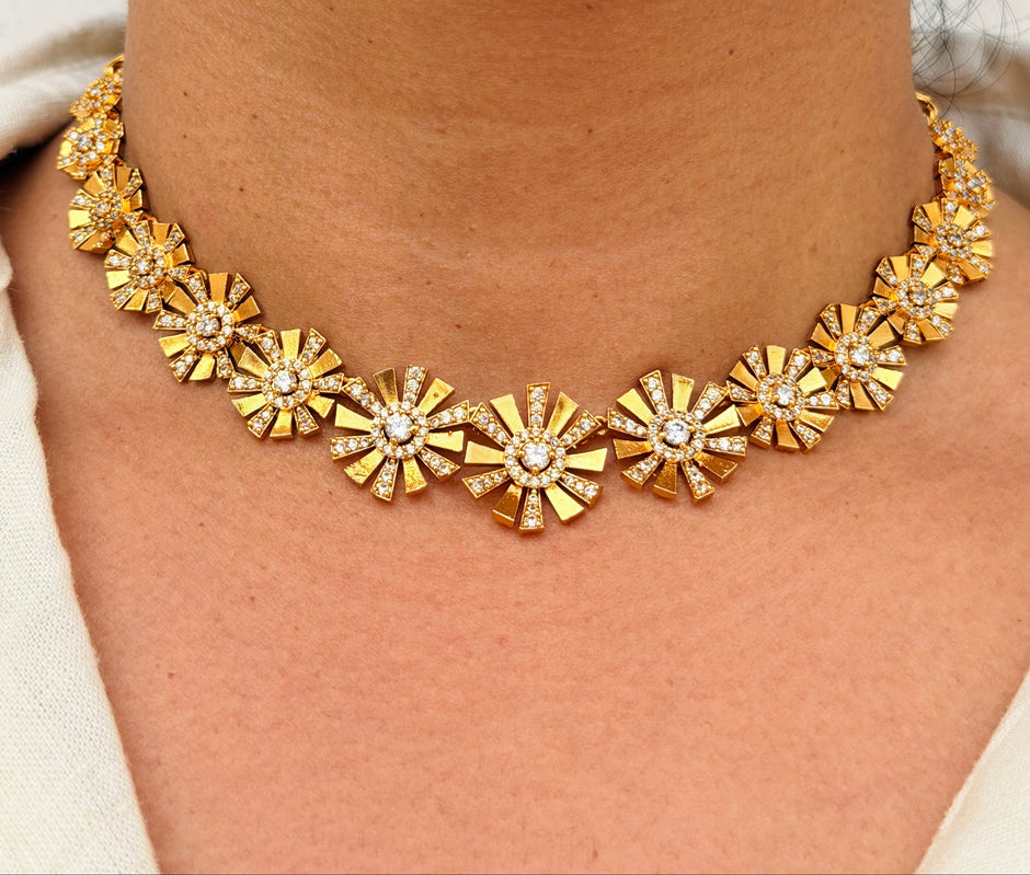 Golden Flower Sunburst Necklace Set