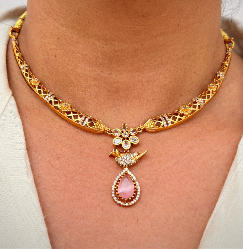 Pink TearDrop Bird Hasli Necklace Set
