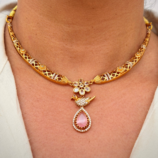 Pink TearDrop Bird Hasli Necklace Set