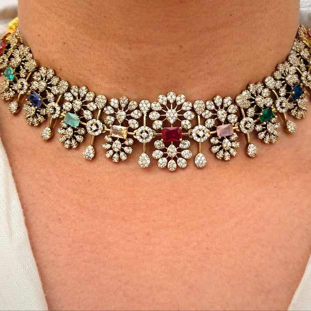 Navratna Floral Choker Necklace Set