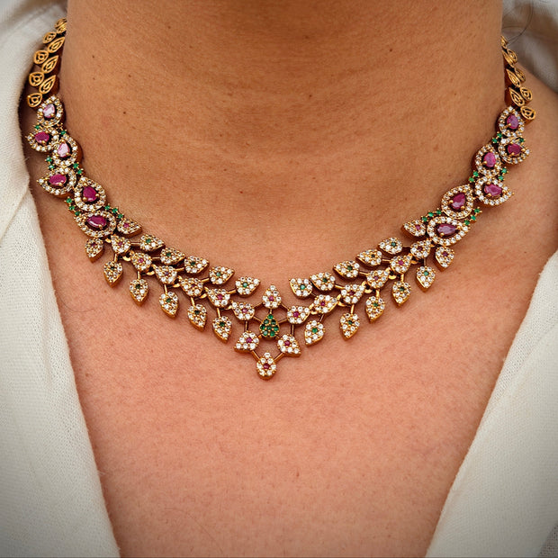 Ruby Green Leaf Necklace Set