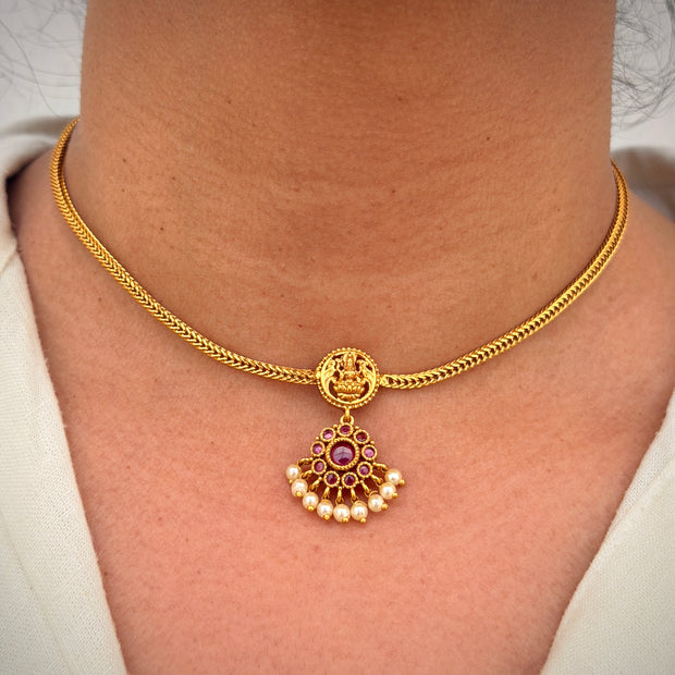 Ruby Pearl Drop Lakshmi Temple Necklace Set