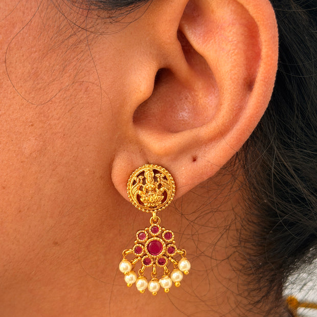 Ruby Pearl Drop Lakshmi Temple Necklace Set