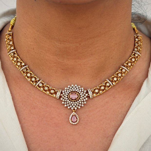 Royal Pink Oval Stone Statement Necklace Set
