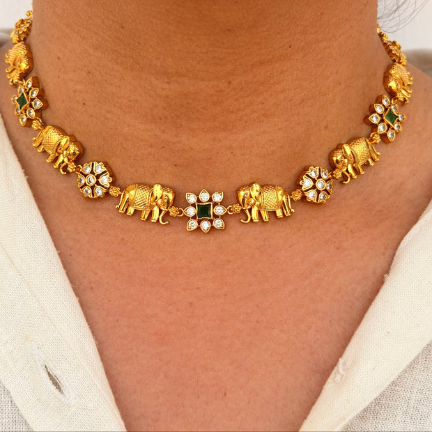 Elephant Motif Green Stone Necklace Set