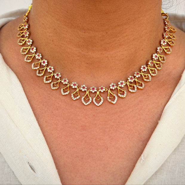 Ruby Flower Tear Drop Necklace Set