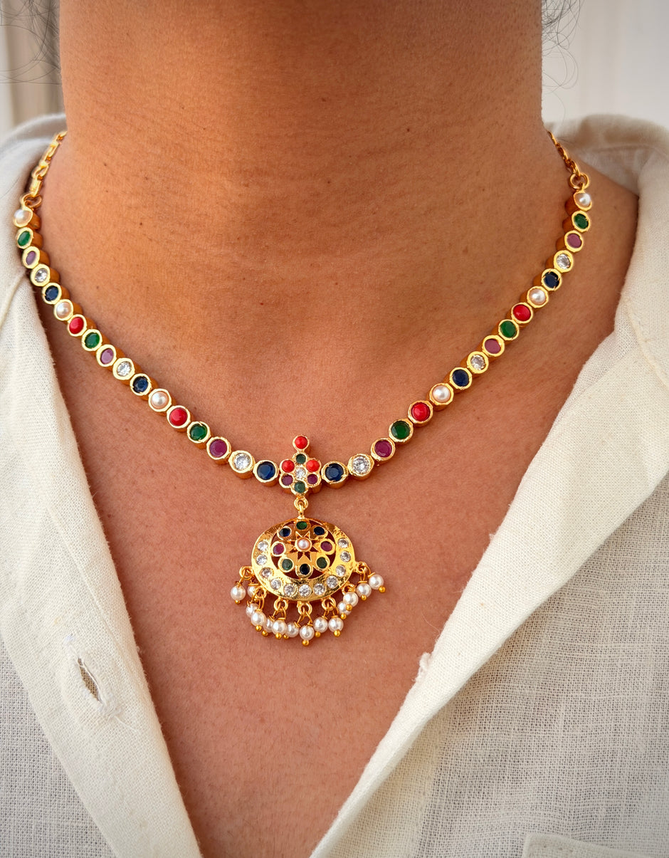 Festive Navratna Short Necklace Set