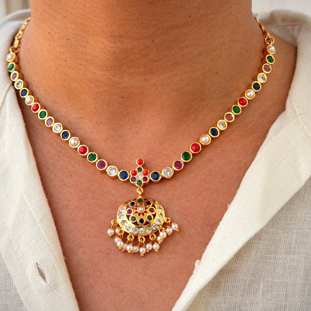 Festive Navratna Short Necklace Set