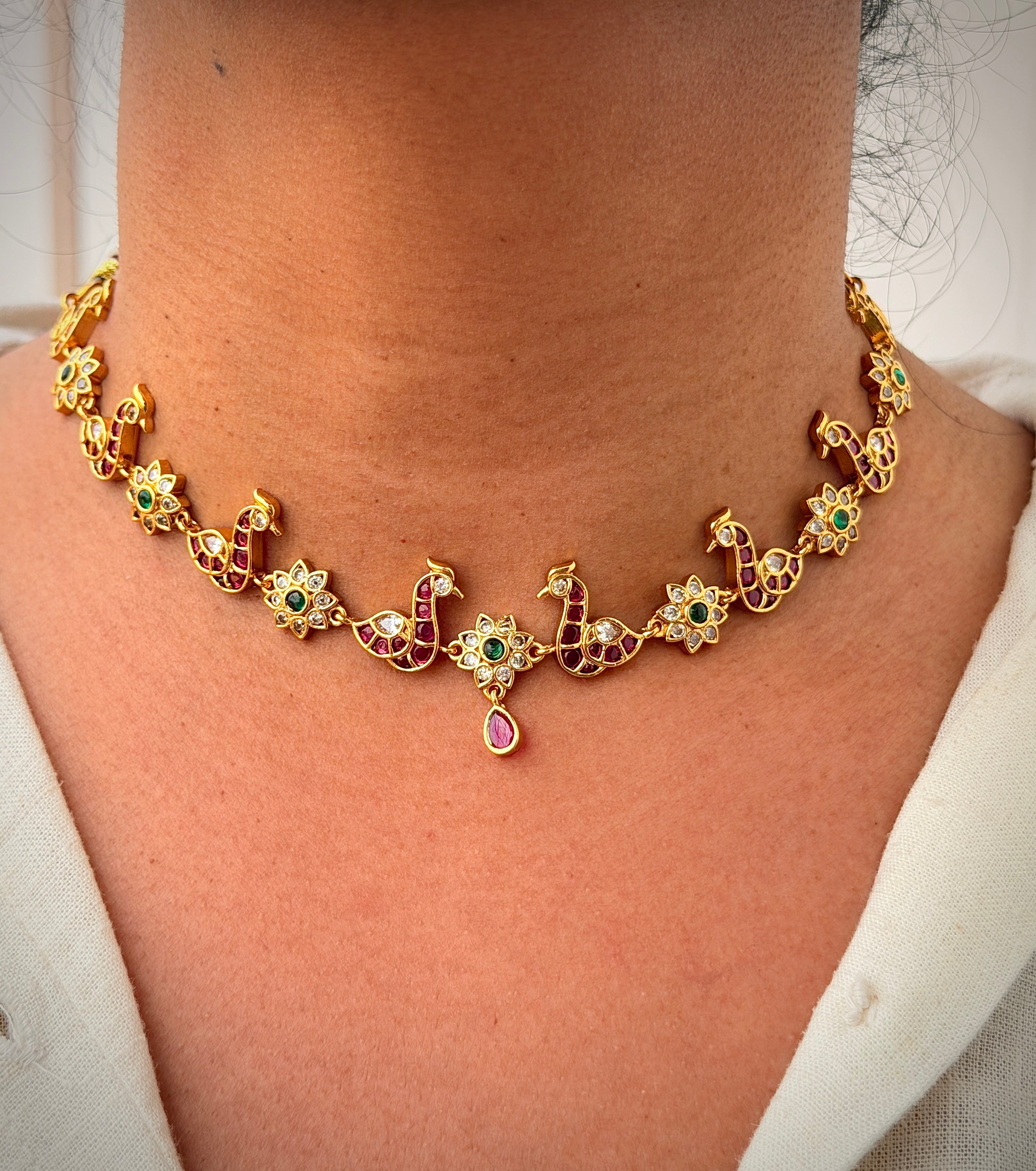 Peacock Ruby & Emerald Floral Necklace Set