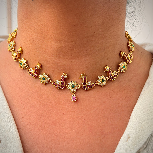 Peacock Ruby & Emerald Floral Necklace Set