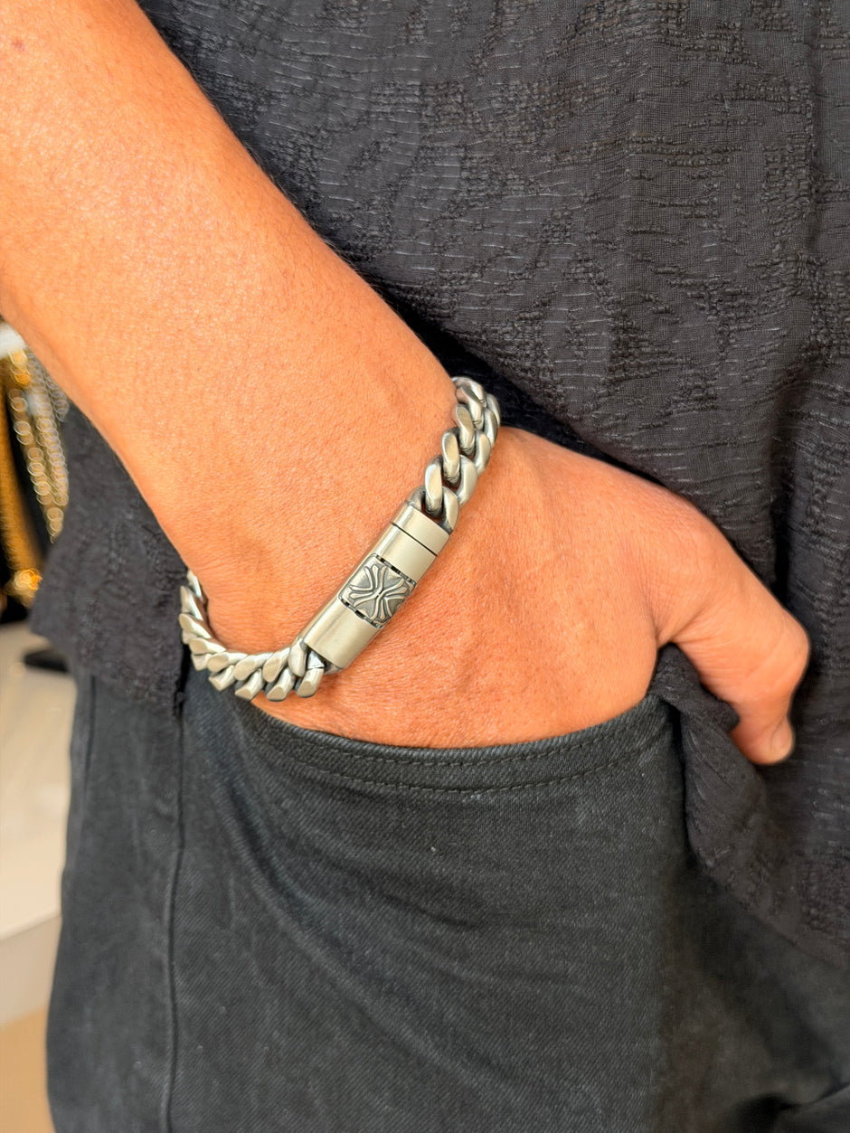 Silver Engraved Men's Cuban Link Bracelet