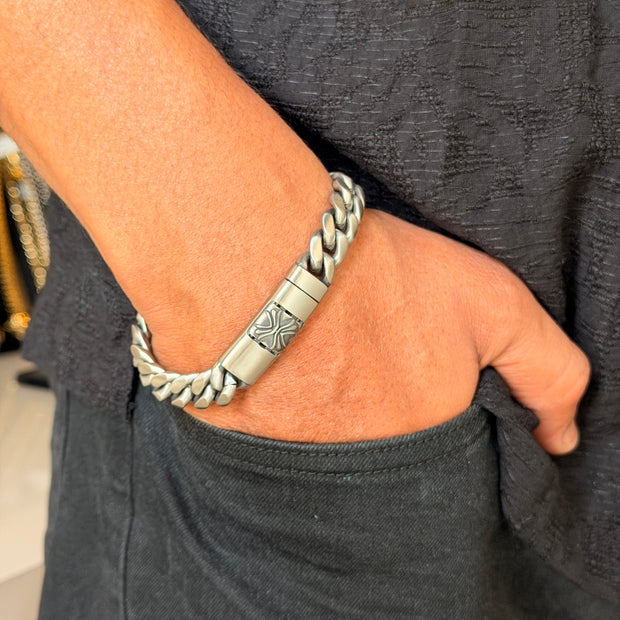 Silver Engraved Men's Cuban Link Bracelet
