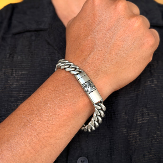 Silver Engraved Men's Cuban Link Bracelet
