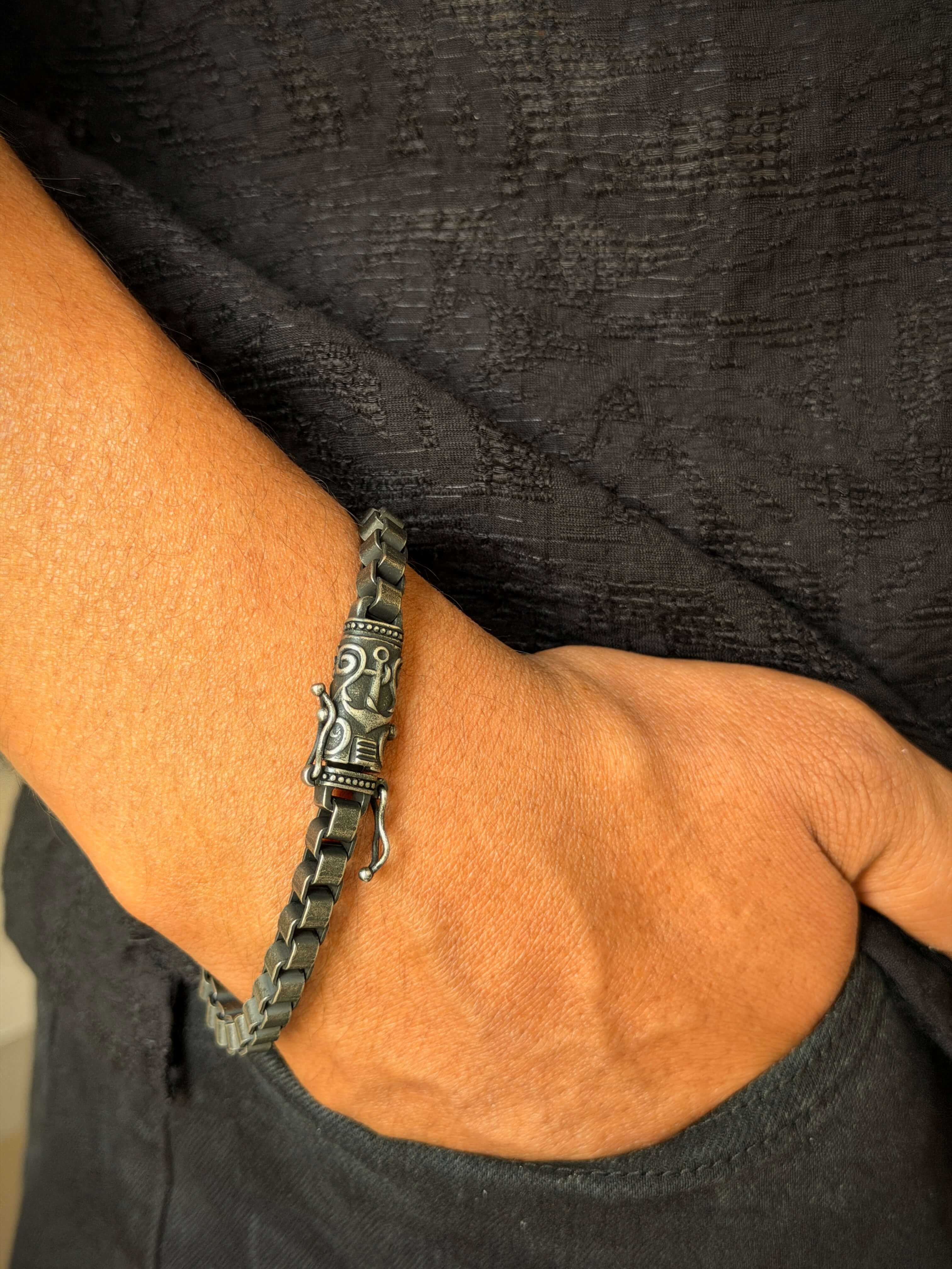 Silver Antique Men's Box Link Bracelet