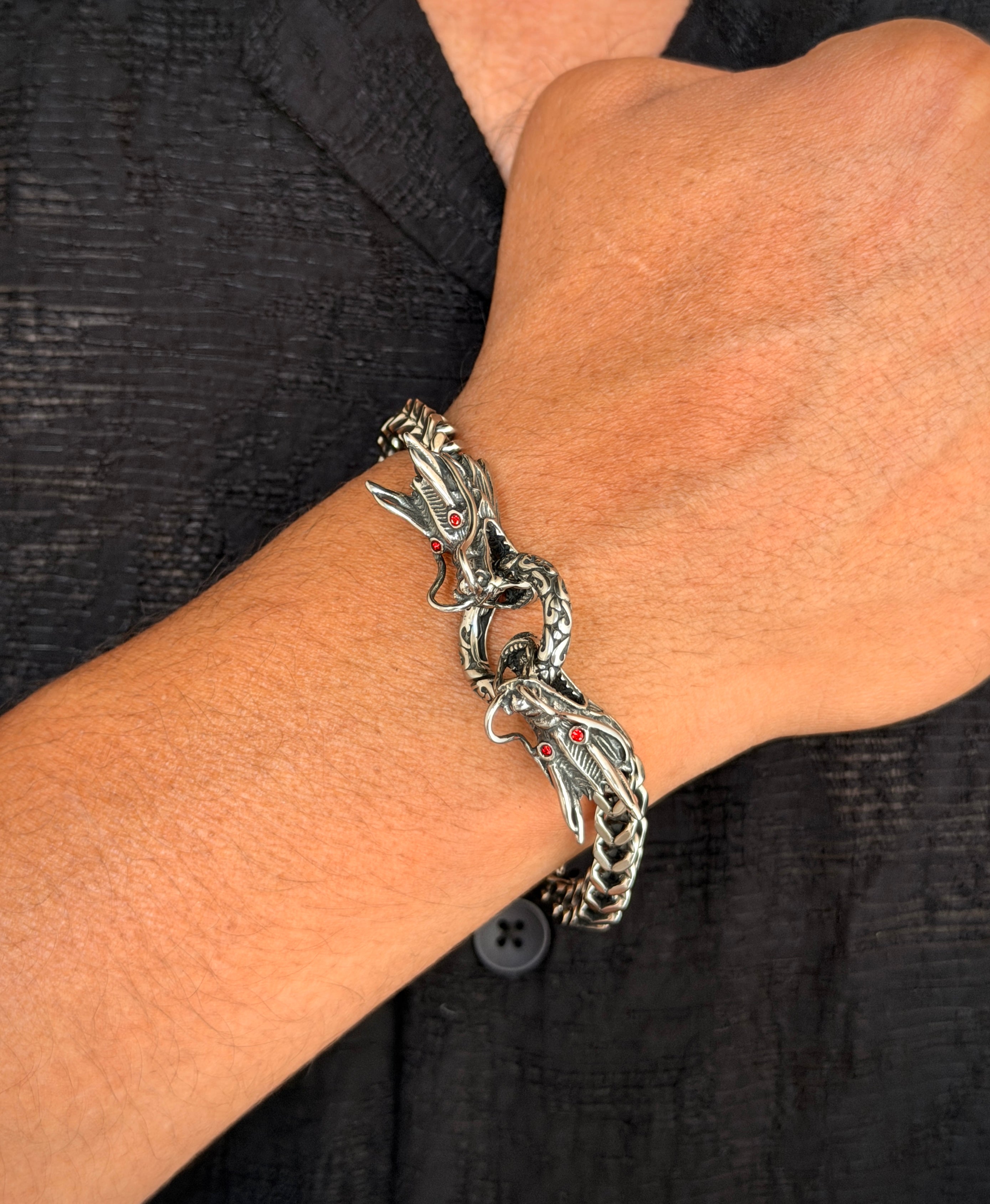 Ruby Eye Dragon Men's Silver Bracelet