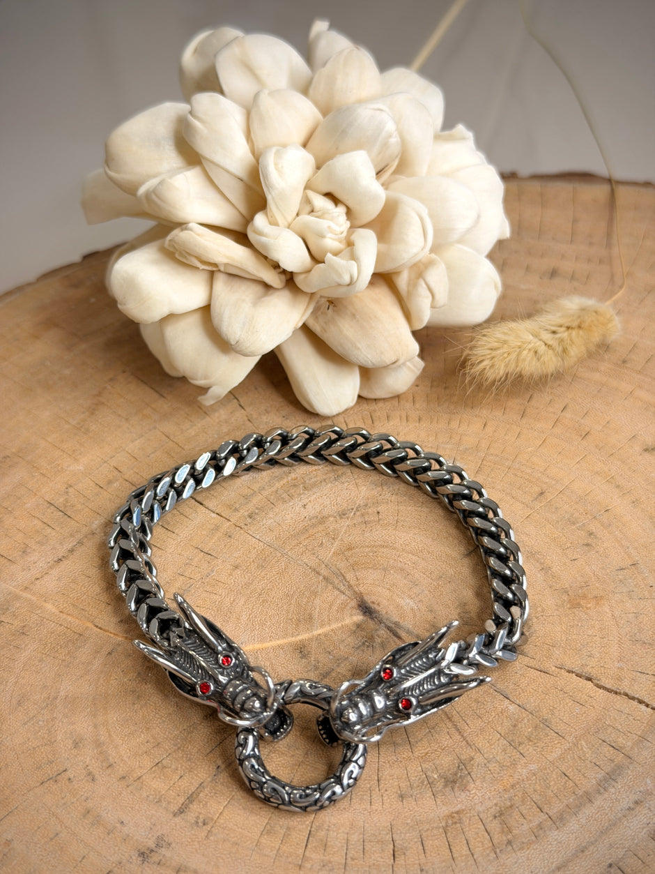 Ruby Eye Dragon Men's Silver Bracelet
