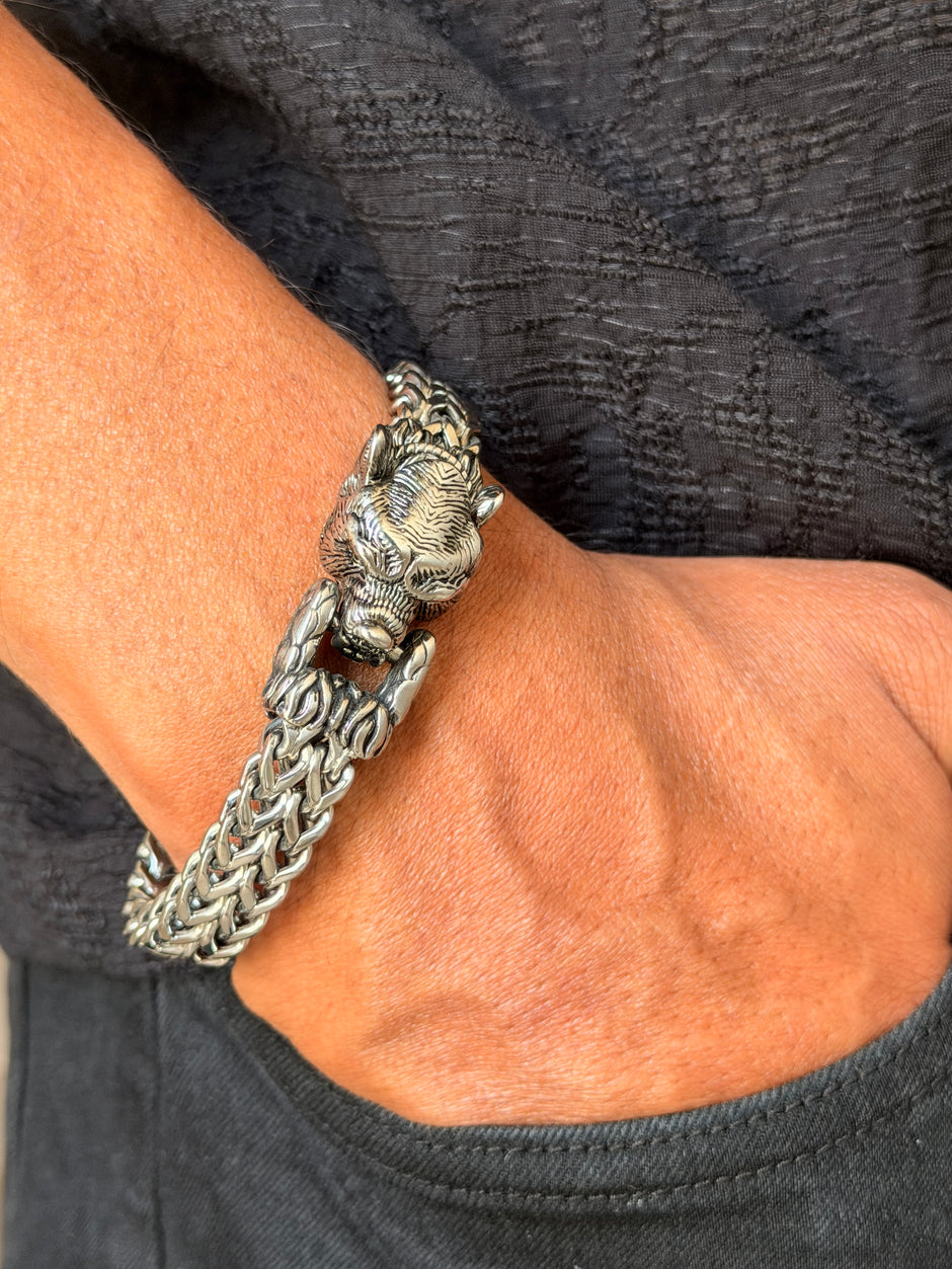 Men's Antique Silver Tiger Head Bracelet