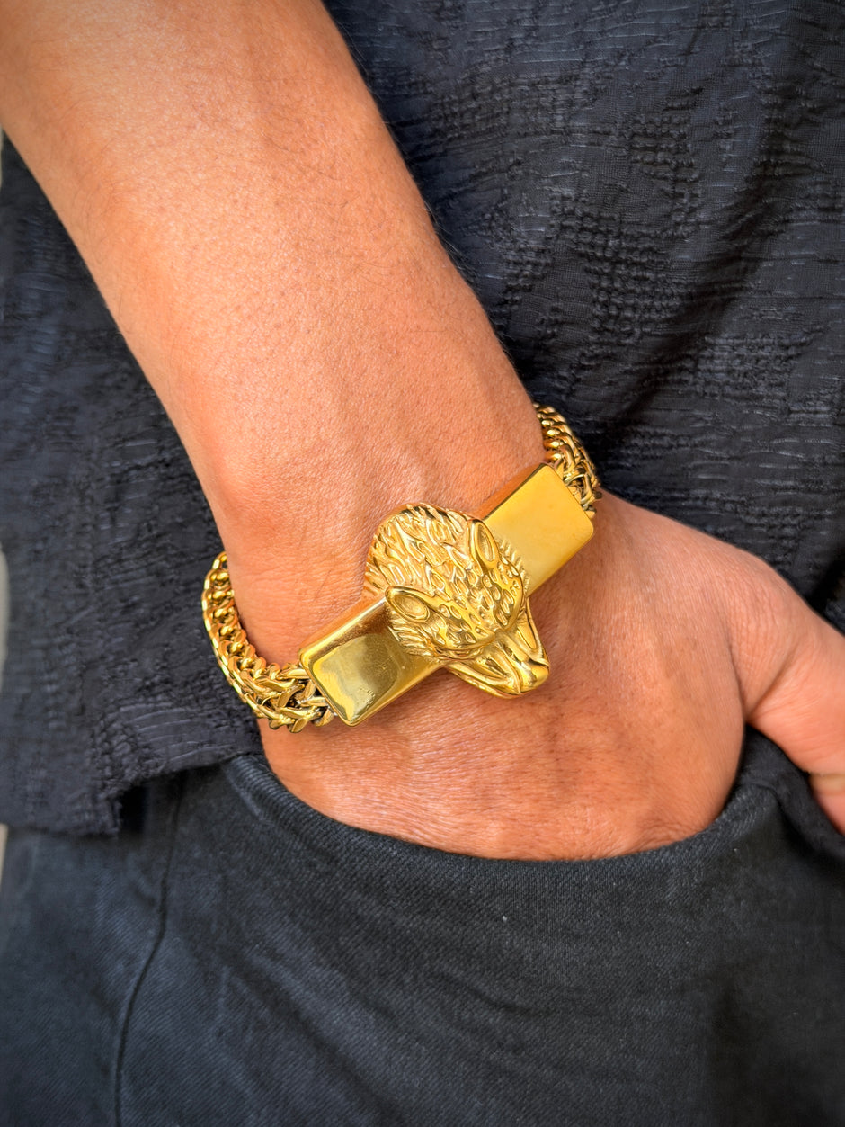 Men's Gold Wolf Head Bracelet