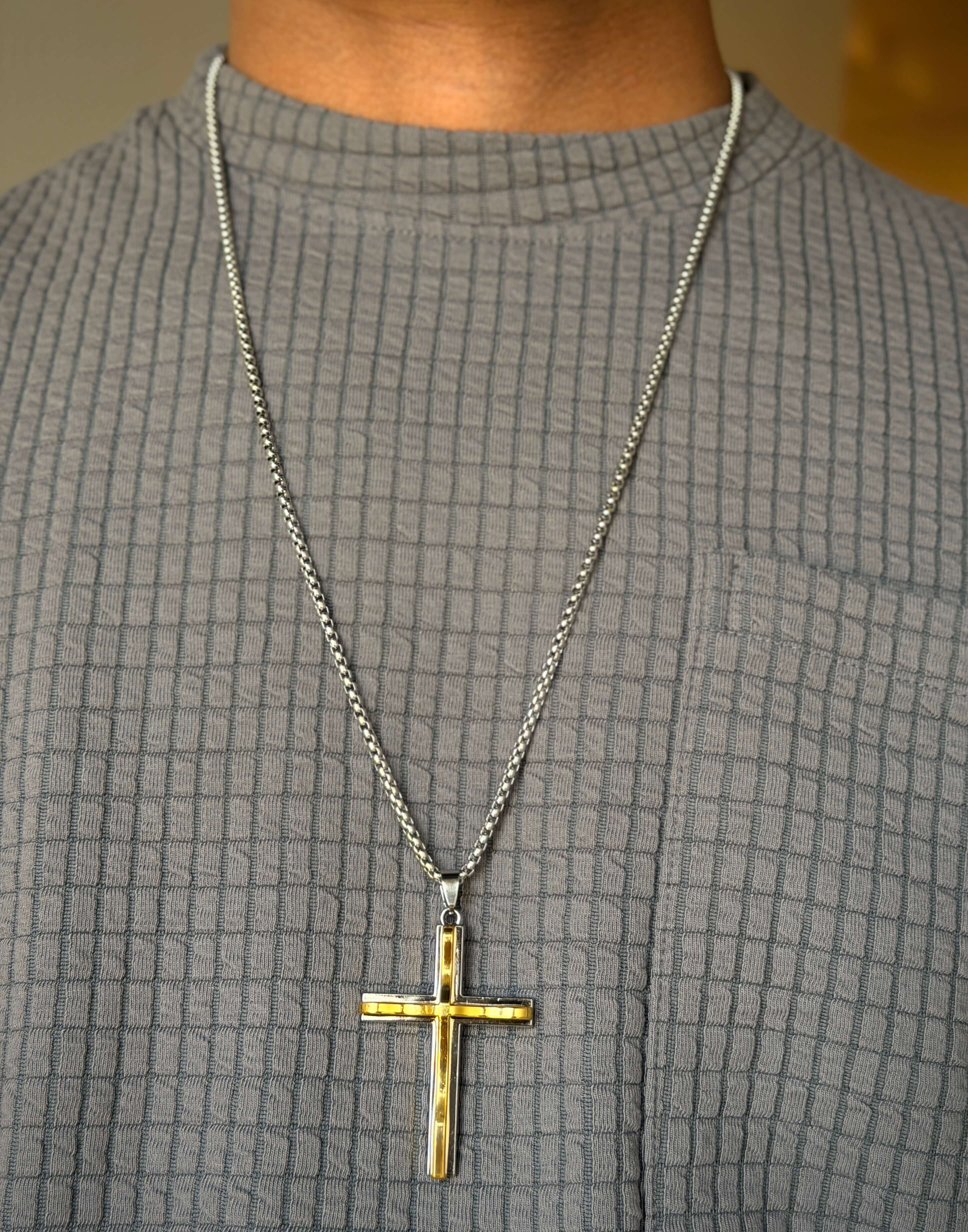Men's Gold Cross Pendant Silver Chain