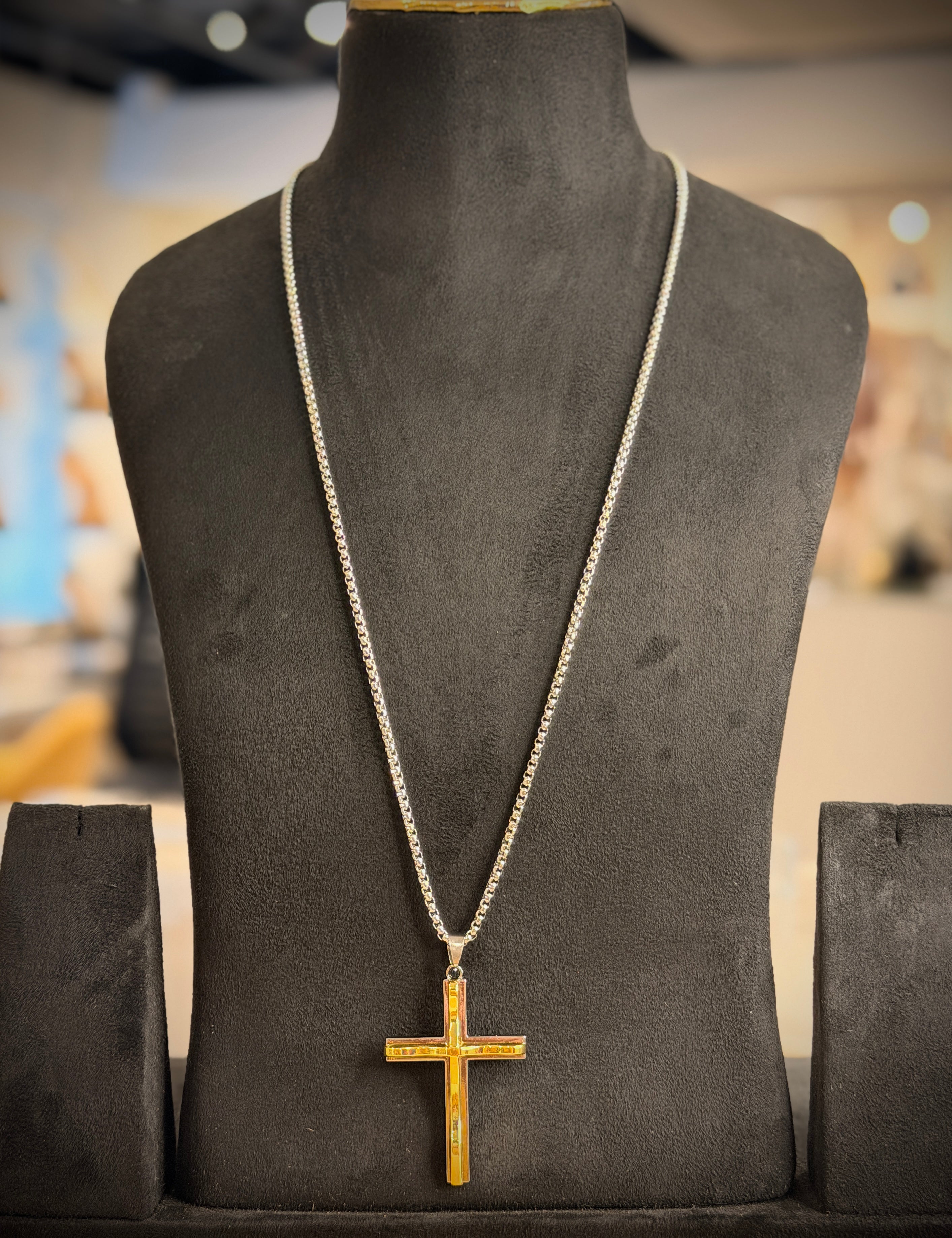 Men's Gold Cross Pendant Silver Chain
