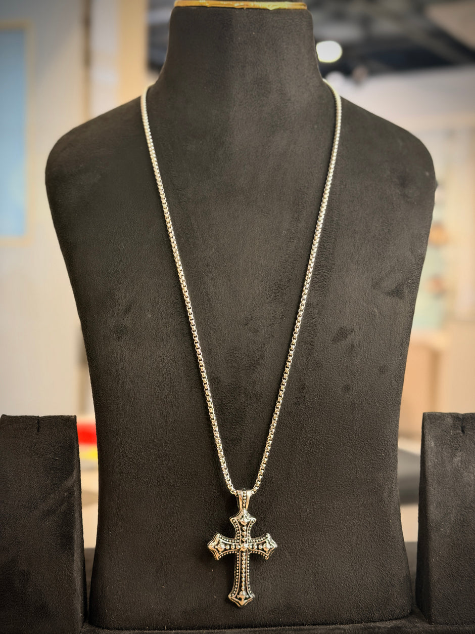 Men's Silver Ornate Cross Pendant Chain