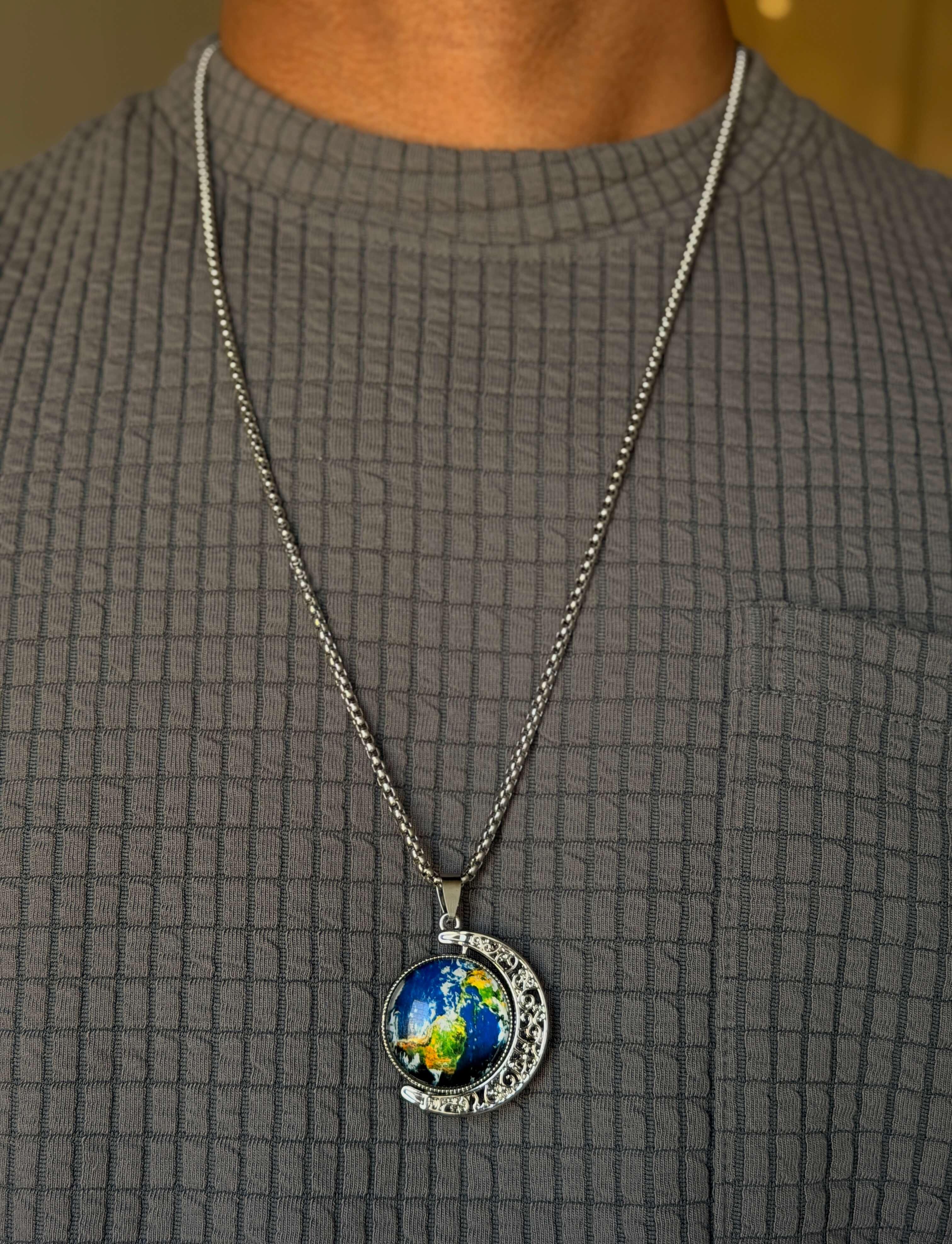 Men's Silver Moon Globe Pendant Chain