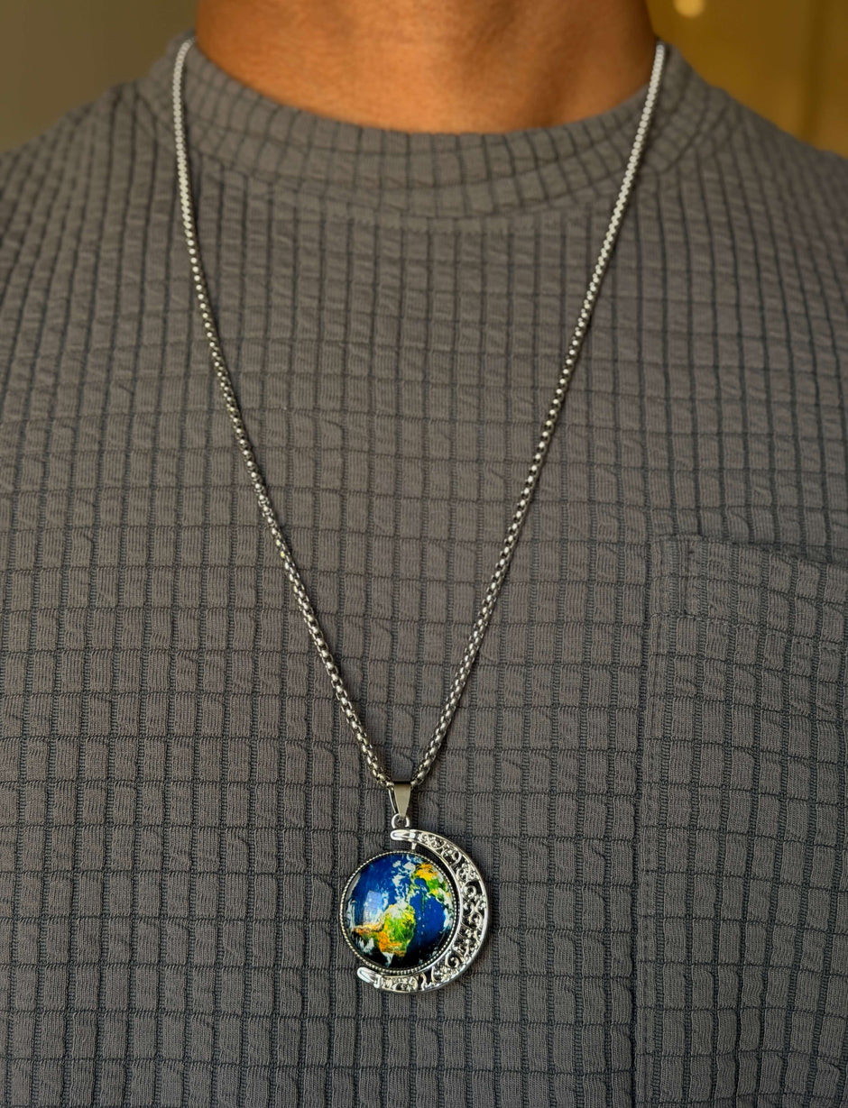 Men's Silver Moon Globe Pendant Chain