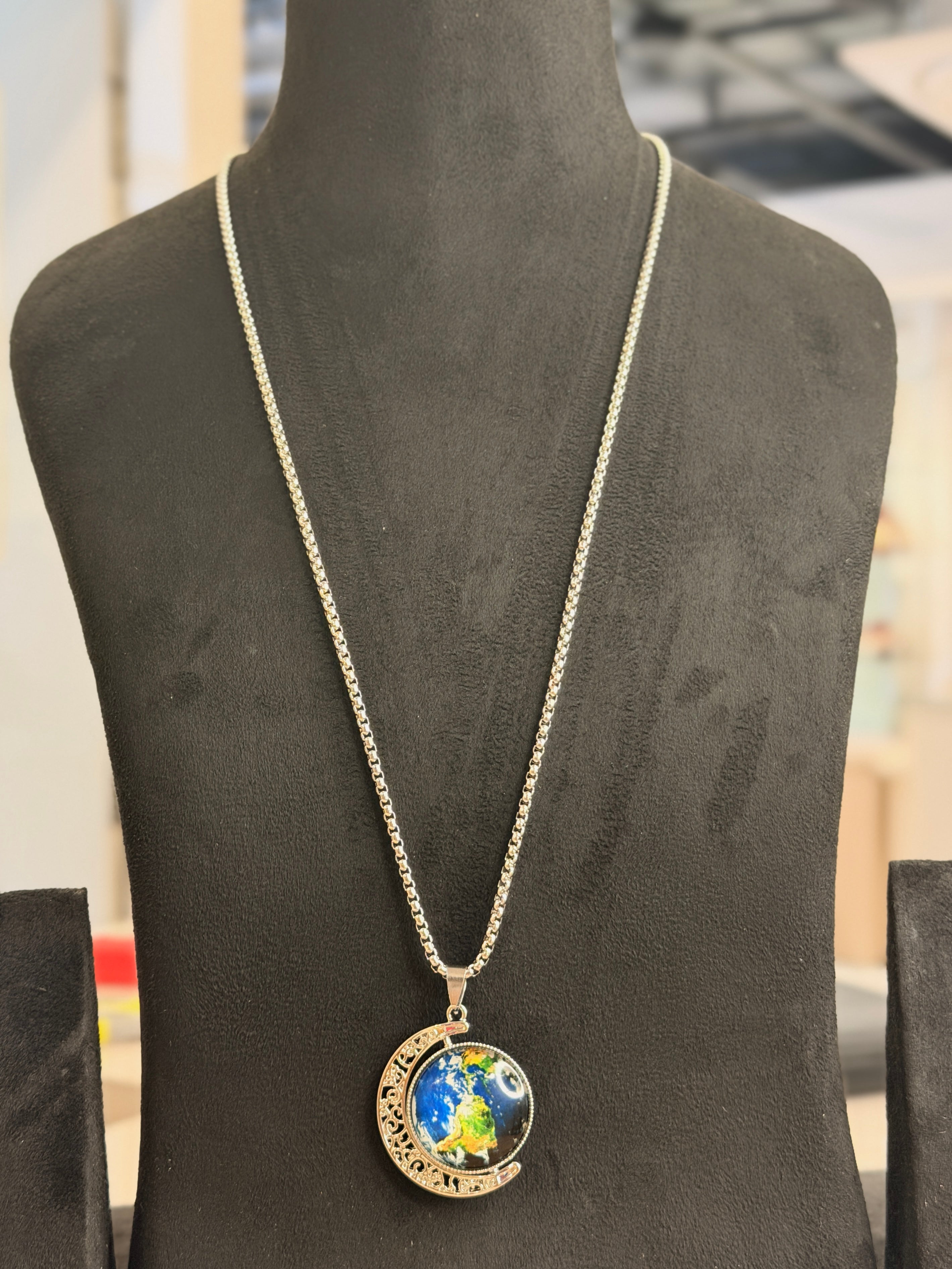 Men's Silver Moon Globe Pendant Chain