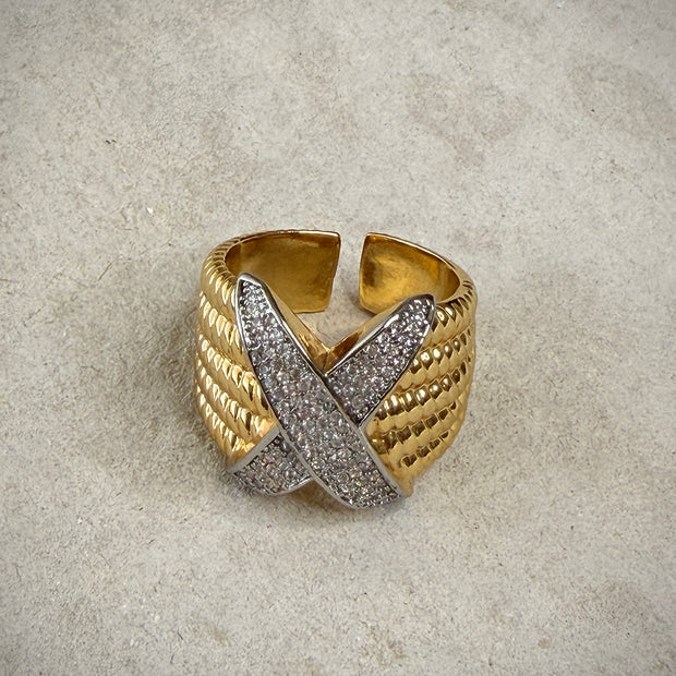 Gold CZ X‑Band Statement Ring