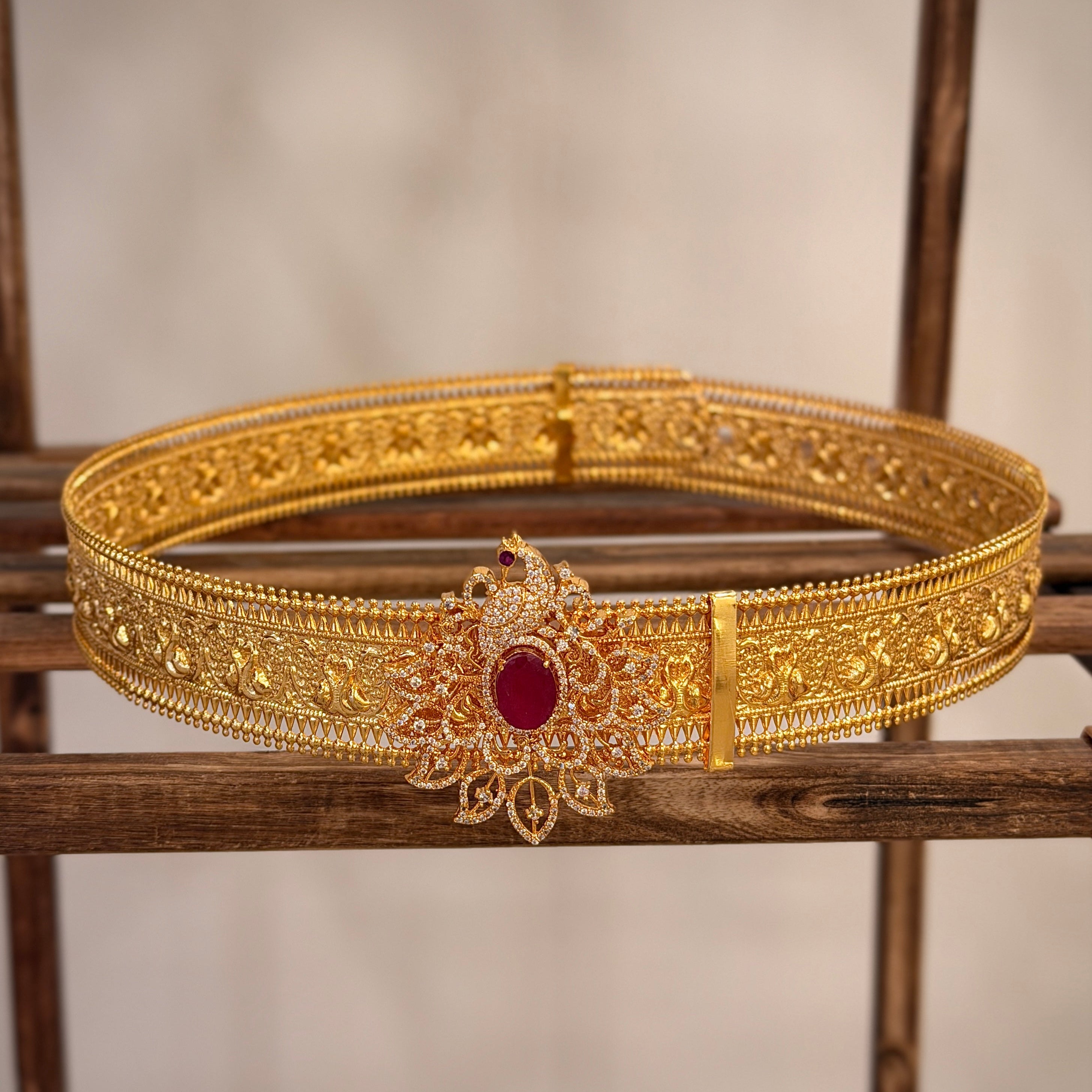 Antique Red Stone Peacock Kid's Waist Belt / Vaddanam