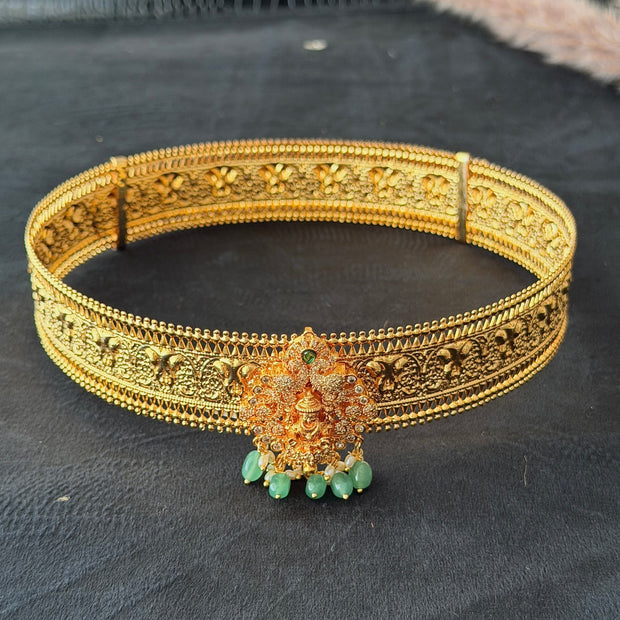Adjustable Temple Lakshmi Pendent Waist Belt With Pearl Drops