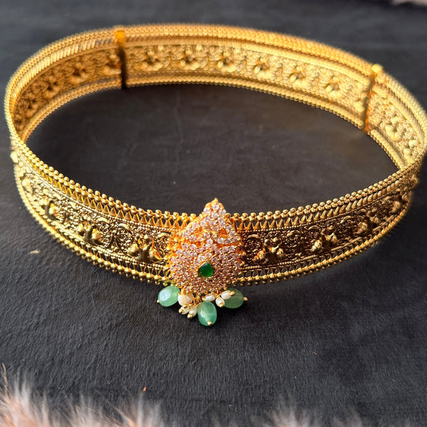 Veda Antique Gold Waist Belt with Green Bead Drops