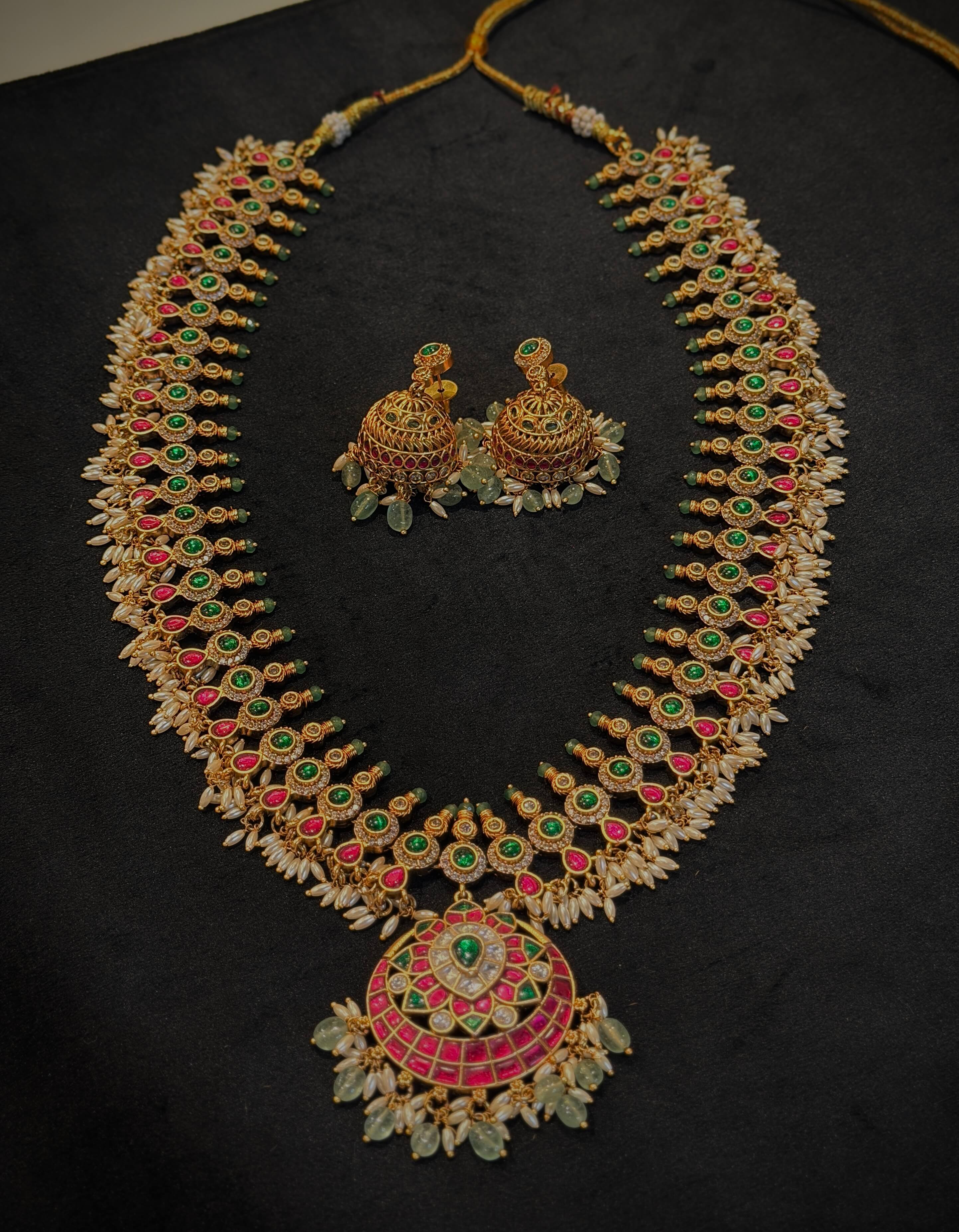 Royal Ruby & Emerald Jadau Kundan Long Necklace Set