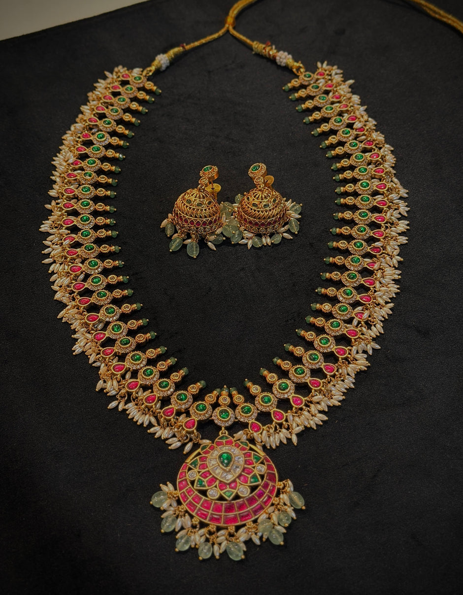 Royal Ruby & Emerald Jadau Kundan Long Necklace Set